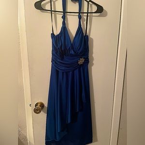 Halter cocktail Royal blue w rhinestone broach small